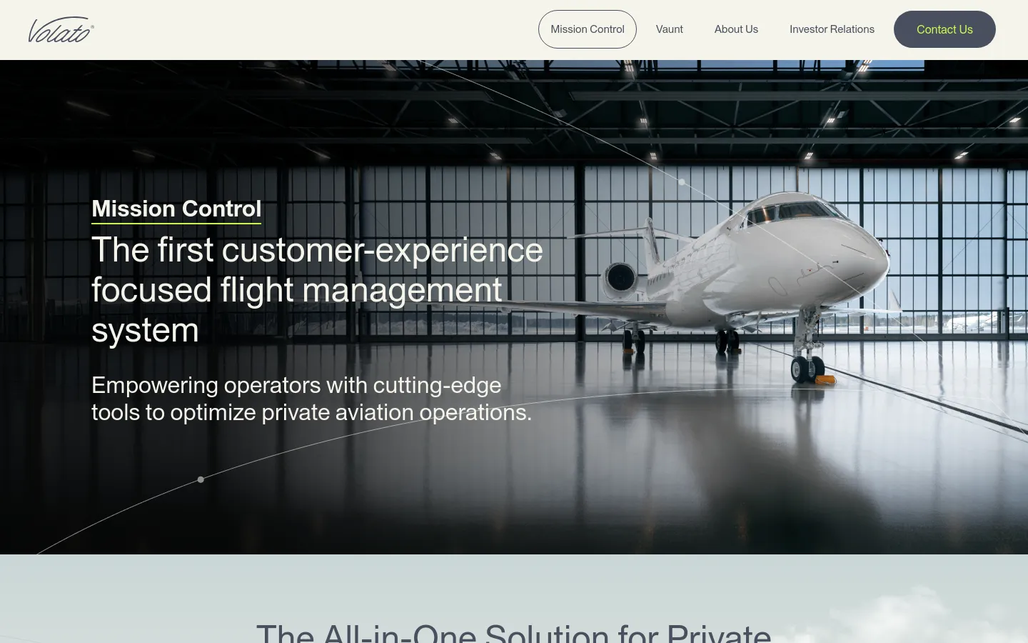 The desktop page features a wide hero section with a large image of a private jet inside a hangar, overlaid with the headline 'Mission Control' and descriptive text. A white navigation bar at the top includes the Volato logo and links for Mission Control, Vaunt, About Us, Investor Relations, and a dark 'Contact Us' button. The layout is spacious with a clean, professional aesthetic using dark and light tones.