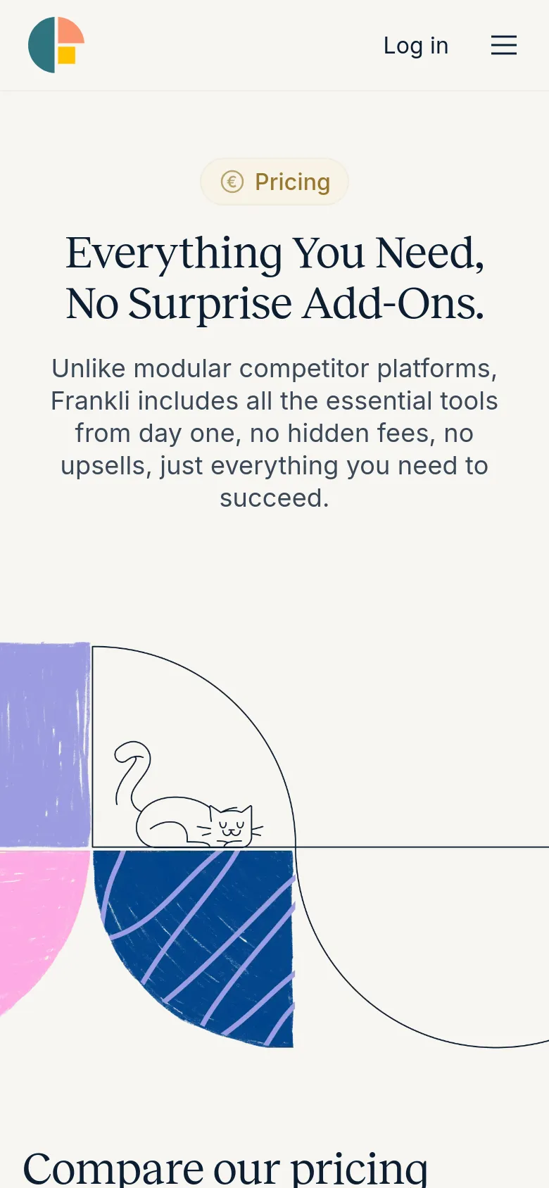 The mobile version presents a vertically stacked layout with the same headline and subheadline centered on a white background. The colorful, abstract hand-drawn shapes and cat illustration are scaled down and positioned below the text. The top navigation is condensed into a hamburger menu icon next to the logo and a 'Log in' link.