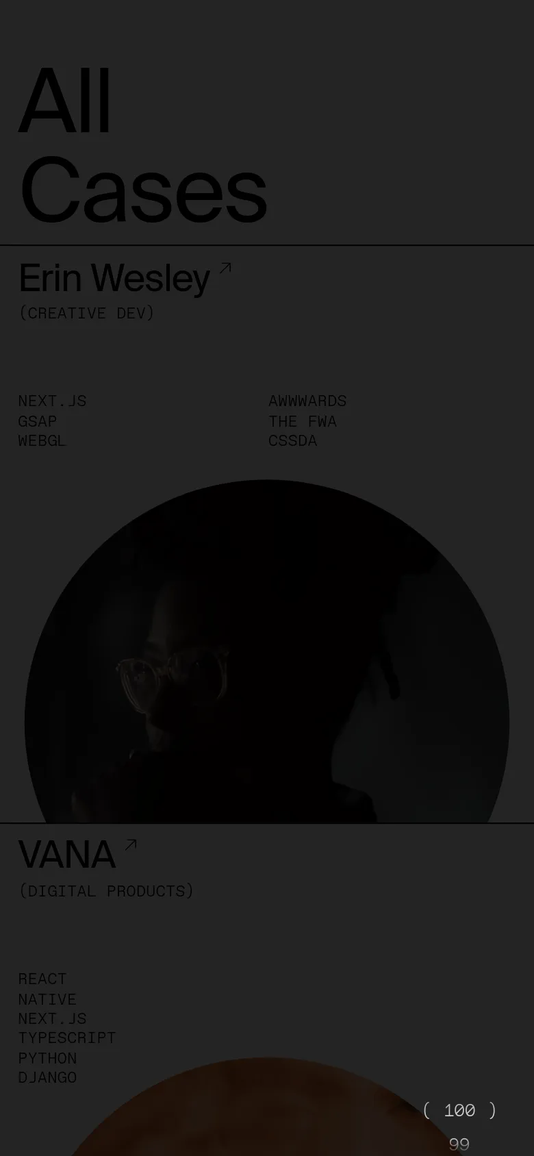 The mobile version maintains the minimalist aesthetic and large 'All Cases' heading but shifts to a single-column vertical layout. Project entries are stacked vertically, showing the project name, service category, and technology list above a large circular image. The navigation is condensed, and the scale of the typography is optimized for a smaller screen.