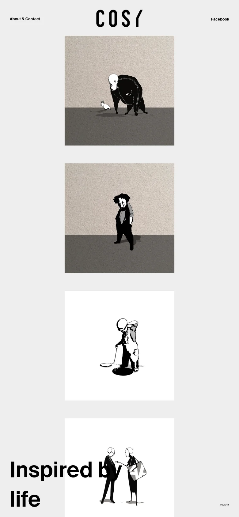 The mobile version presents a single-column vertical layout of the same black-and-white character illustrations. The centered 'Cosy' logo and navigation links remain at the top, while the large 'Inspired by life' headline is positioned at the bottom of the scrolling view.