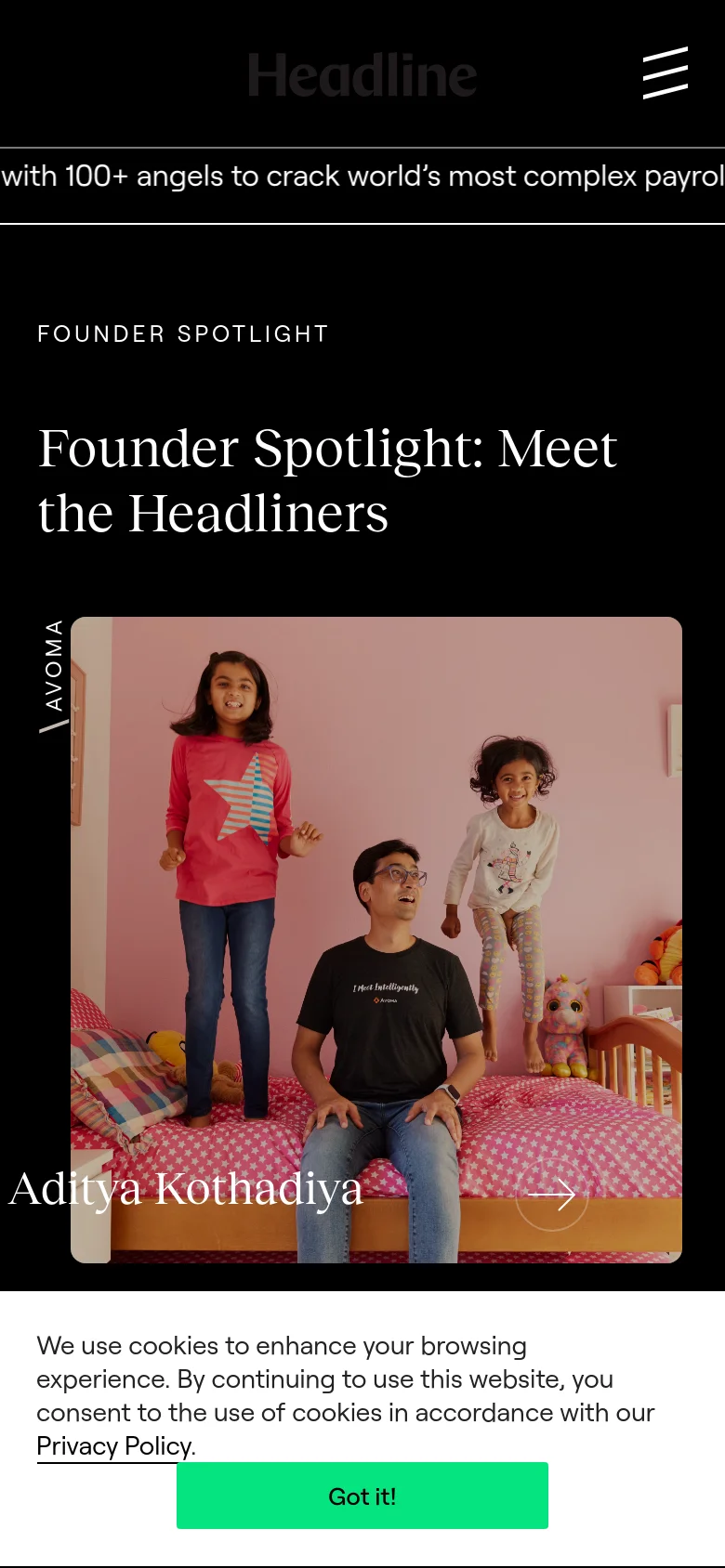 The mobile version presents a simplified vertical layout with a dark background. The 'Founder Spotlight' headline and large hero image of a man and two children are stacked vertically, and the main navigation is condensed into a hamburger menu icon in the top right corner.
