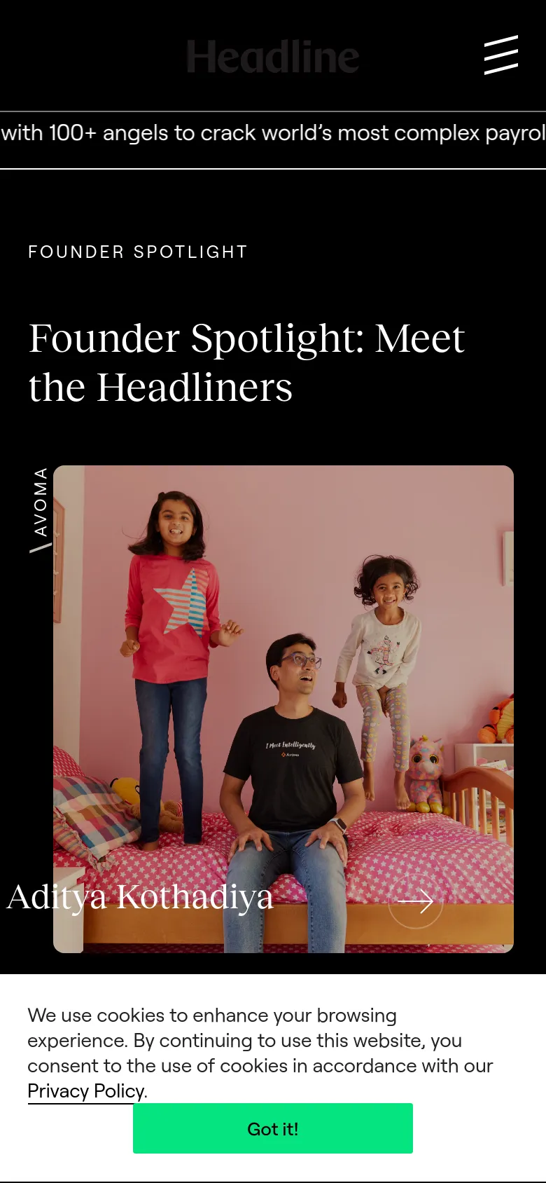 The mobile version presents a simplified vertical layout with a dark background. The 'Founder Spotlight' headline and large hero image of a man and two children are stacked vertically, and the main navigation is condensed into a hamburger menu icon in the top right corner.