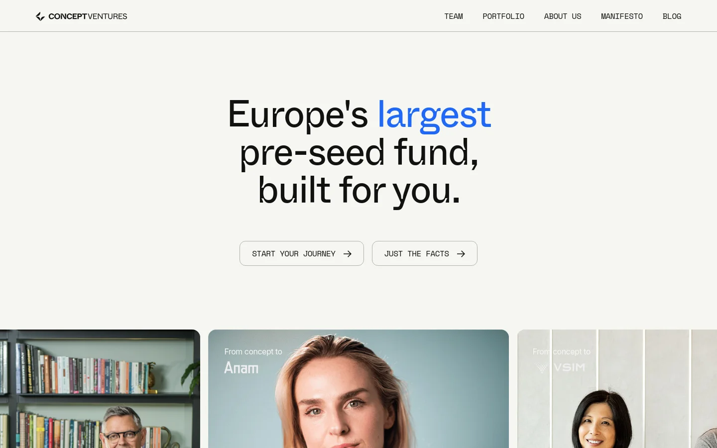Concept Ventures homepage featuring a minimalist, high-contrast design with large sans-serif typography on an off-white background. The hero section displays the headline Europe's largest pre-seed fund, built for you, above two pill-shaped call-to-action buttons. Below, a large-scale image grid showcases portfolio company highlights like Treefera using an editorial, full-bleed layout.