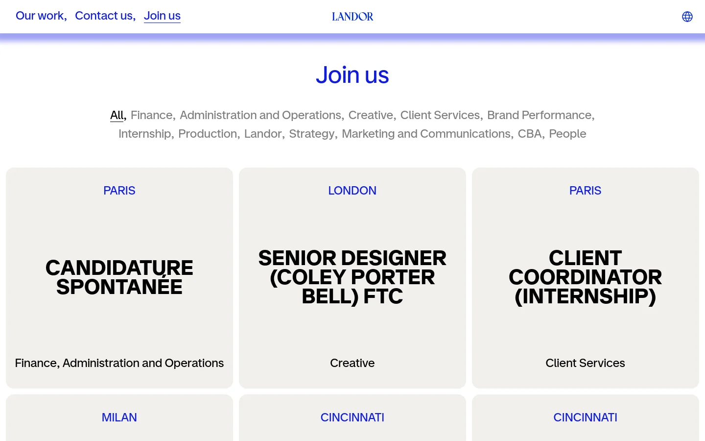 Landor join us page featuring a minimalist job board layout. Large bold sans-serif typography displays job titles like Candidature Spontanée and Senior Designer within a grid of light gray rectangular cards. A horizontal filter menu sits below the Join us headline on a clean white background.