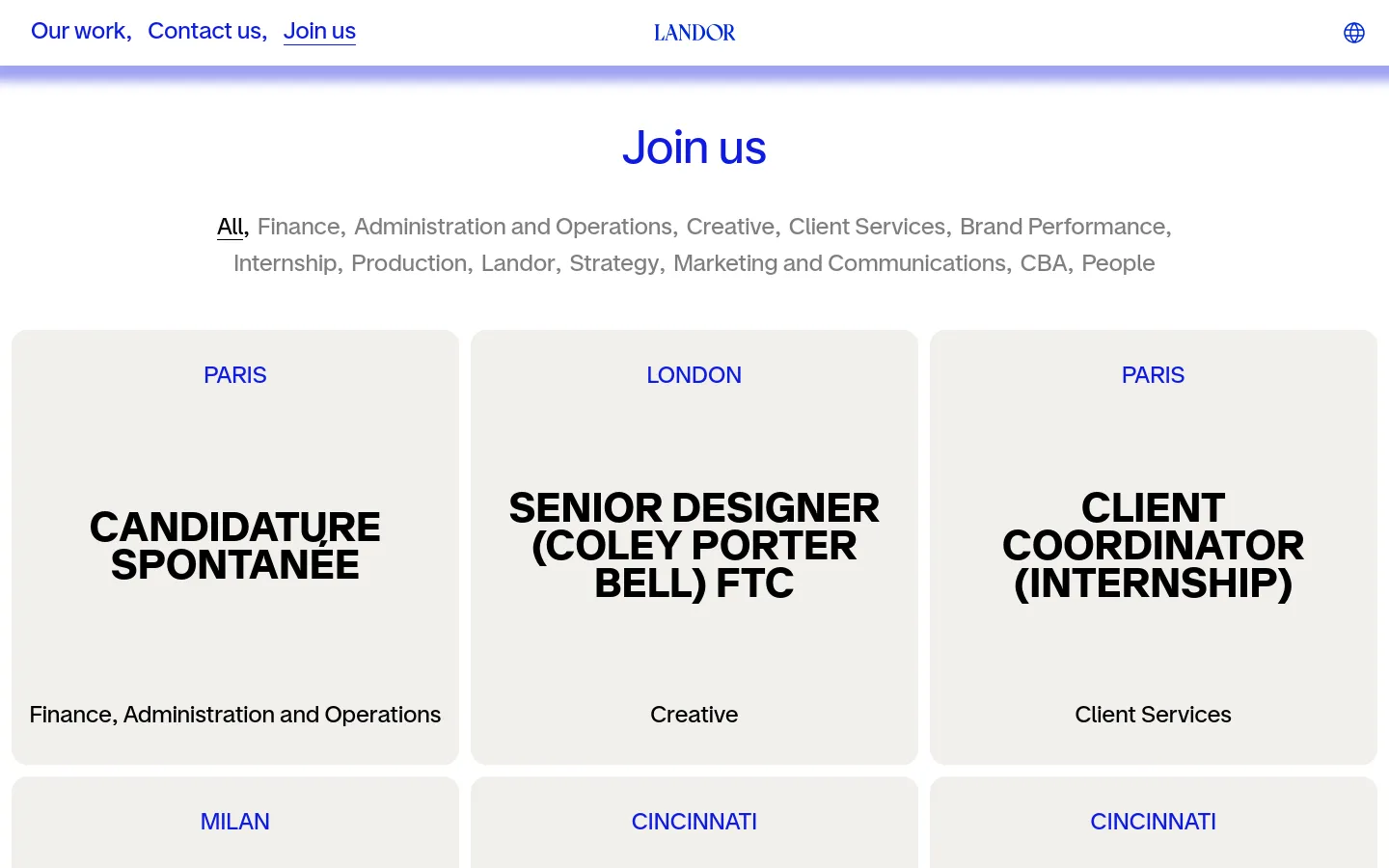 Landor join us page featuring a minimalist job board layout. Large bold sans-serif typography displays job titles like Candidature Spontanée and Senior Designer within a grid of light gray rectangular cards. A horizontal filter menu sits below the Join us headline on a clean white background.