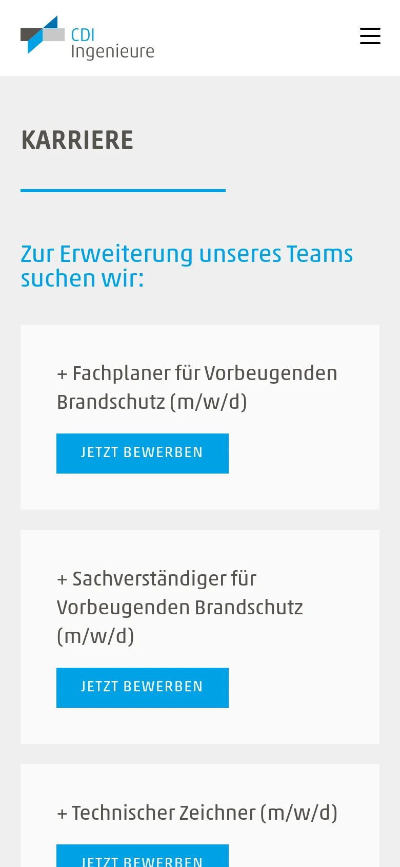 The mobile version shows a single-column layout where the job opening cards are stacked vertically for easier scrolling. The header is simplified with a hamburger menu icon on the right, and the blue 'JETZT BEWERBEN' buttons span a larger portion of the card width.