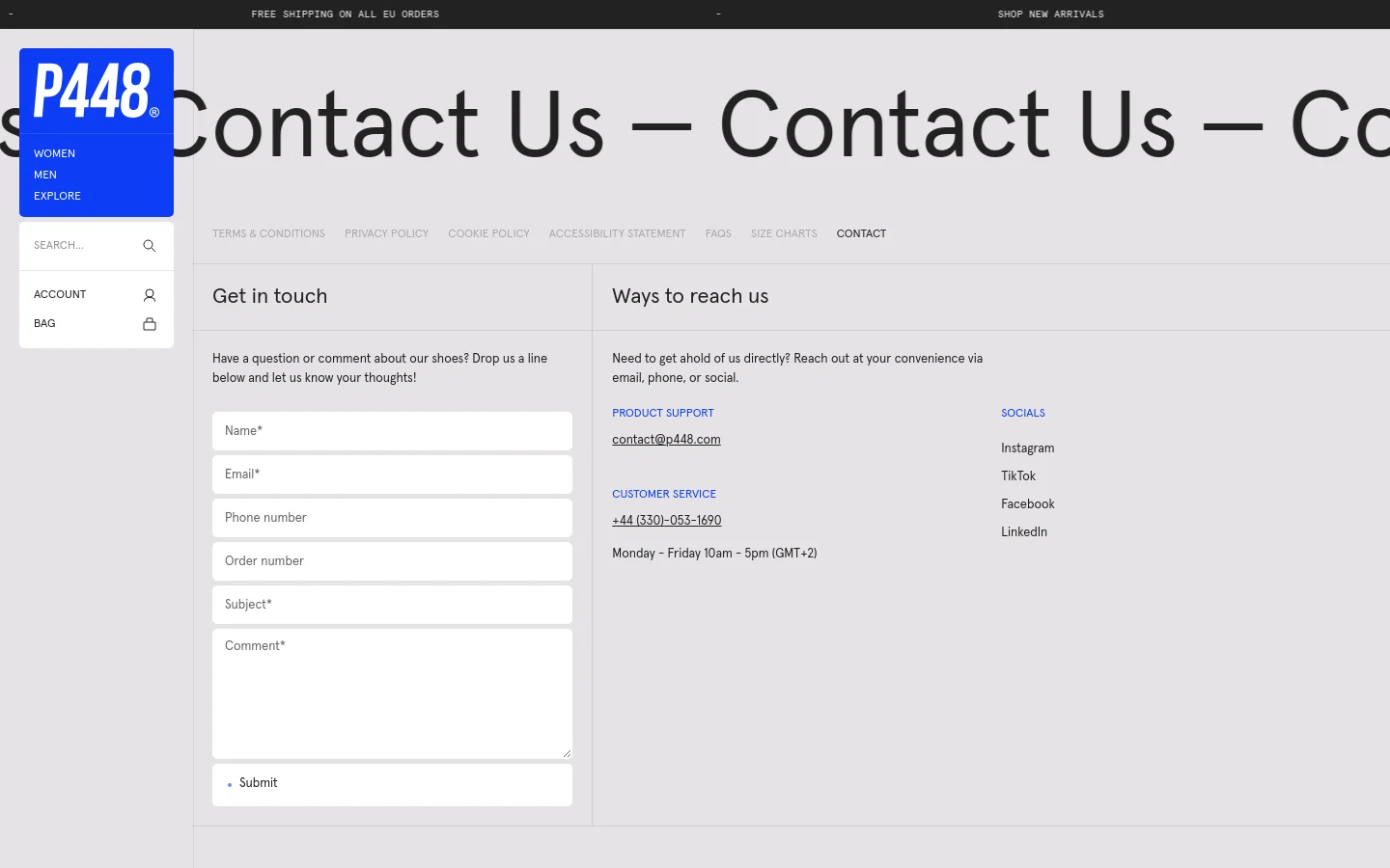 The desktop Contact page features a minimalist design with a white background and a blue header containing the P448 logo. The layout is split into two columns: a 'Get in touch' section on the left with a multi-field contact form, and a 'Ways to reach us' section on the right listing email, phone number, and social media links.