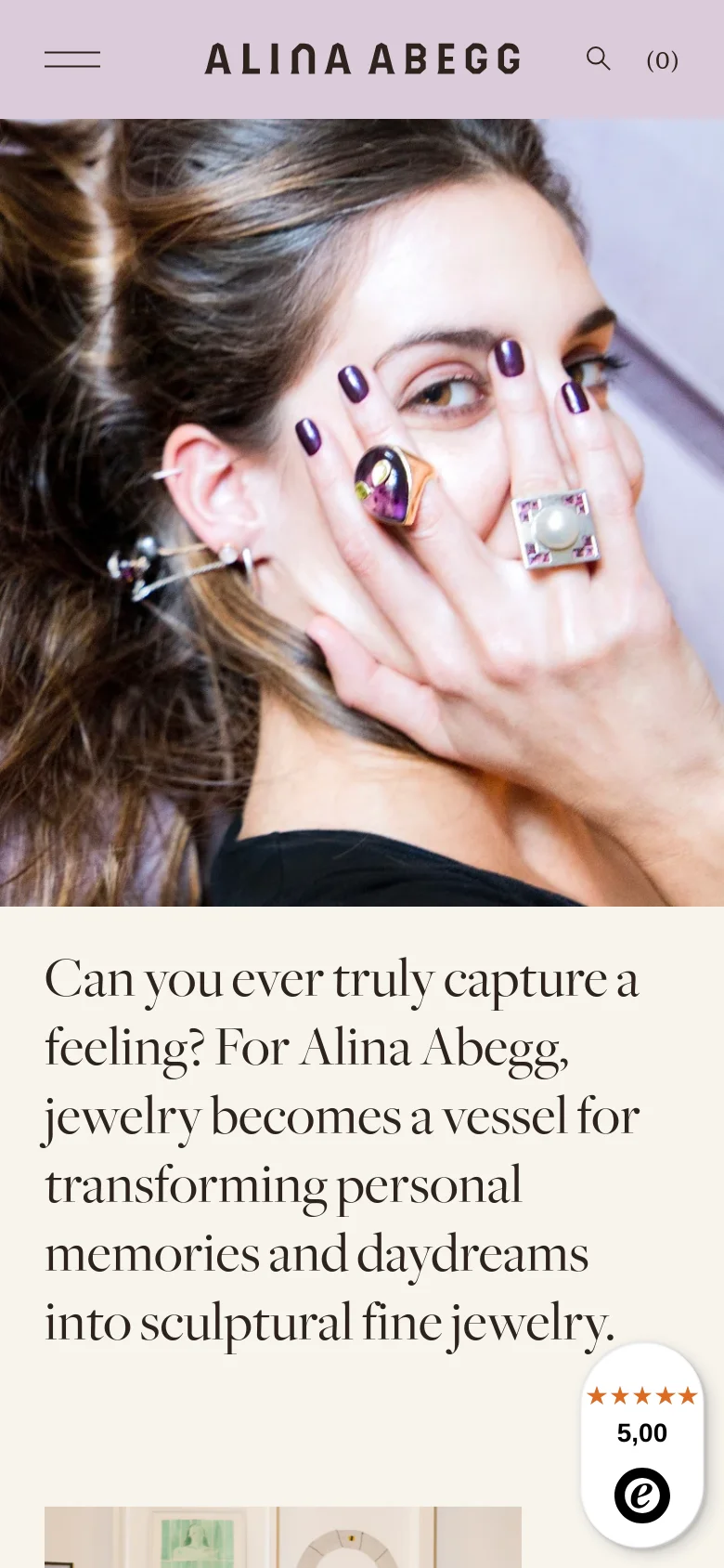 The mobile version presents a vertically stacked layout, starting with a condensed header containing a hamburger menu, the brand name, a search icon, and the cart count. The hero image is cropped to focus on the woman's face and jewelry, followed by large, centered serif text that introduces the brand's philosophy.