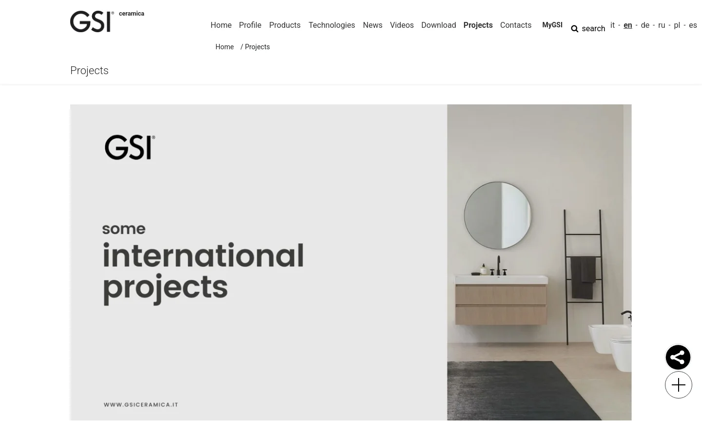 The desktop page features a large hero banner with the text 'some international projects' next to a minimalist bathroom interior. Below the banner, a navigation menu offers links to 'Contract', 'Residential', and 'Show all' projects. A grid of project cards follows, each displaying a high-quality architectural photograph and a title such as 'Villa Belvedere | Lake Garda – Italy'.