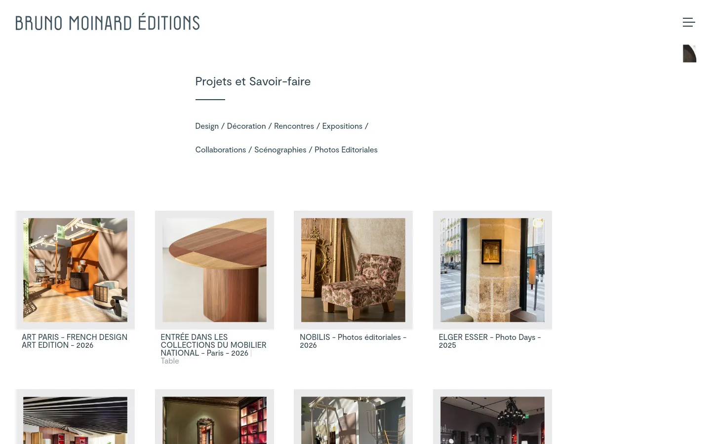 The desktop page for Bruno Moinard Éditions features a clean, minimalist white layout with a centered headline 'Projets et Savoir-faire'. Below the header, a grid of large, high-quality rectangular images showcases various design projects, each accompanied by a text title. The navigation menu is located at the top right, and the brand logo is at the top left.