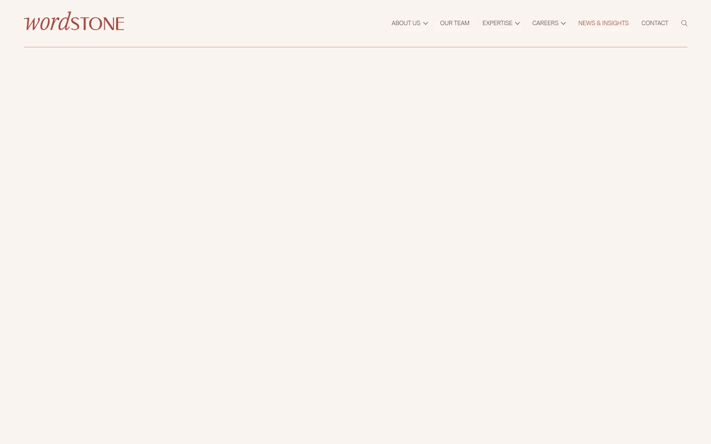 The desktop page features a minimalist design with a cream background and a top navigation bar containing links like 'About Us' and 'News & Insights'. The main content area begins with a large hero image of a person with the word 'Insights' overlaid in white serif text, followed by a vertical list of news articles with headlines, dates, and 'Read Article' calls to action.