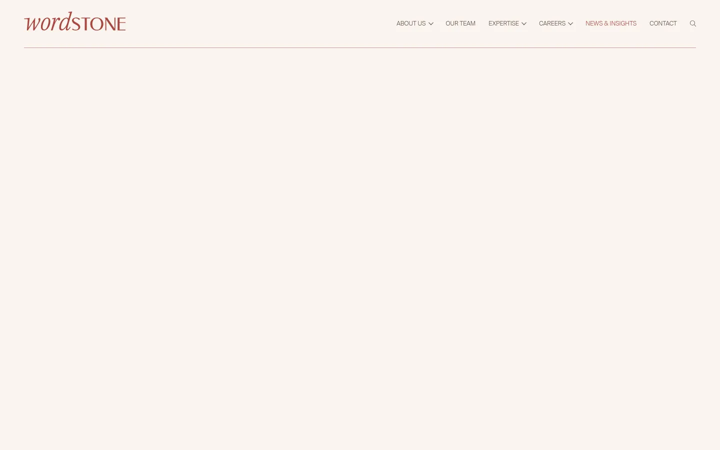 The desktop page features a minimalist design with a cream background and a top navigation bar containing links like 'About Us' and 'News & Insights'. The main content area begins with a large hero image of a person with the word 'Insights' overlaid in white serif text, followed by a vertical list of news articles with headlines, dates, and 'Read Article' calls to action.