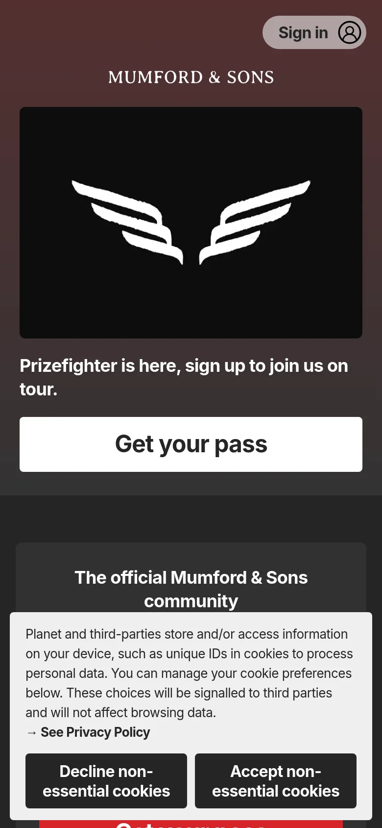 The mobile version uses a vertical layout with a dark background. A large black box containing a white wing icon is centered at the top, followed by the text 'Prizefighter is here, sign up to join us on tour' and a full-width white 'Get your pass' button. A cookie consent banner appears at the bottom of the screen with buttons to decline or accept non-essential cookies.