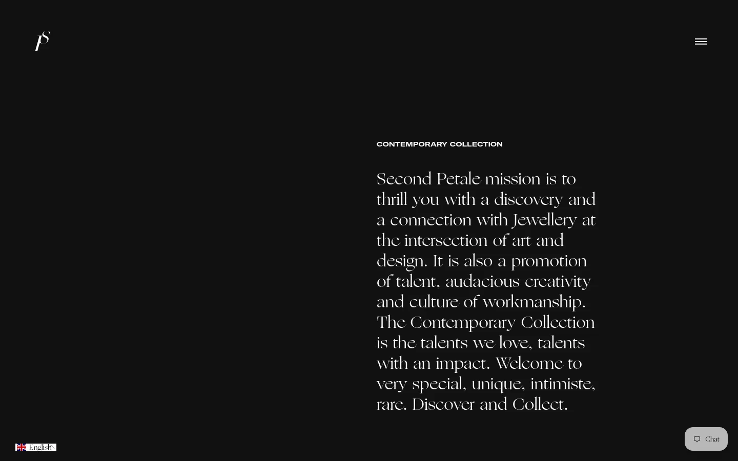 The desktop view features a minimalist dark theme with white text. A large serif text block introduces the Contemporary Collection, while a navigation menu and logo are positioned at the top. Below the introduction, a product grid displays various jewelry items like rings and necklaces with high-quality photography and product titles.