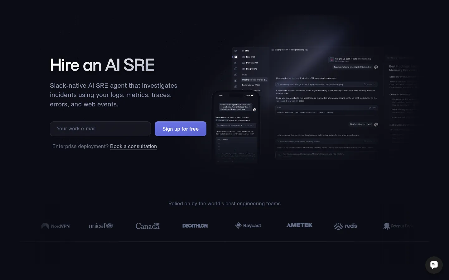 A dark-themed landing page for Better Stack featuring a large white headline 'Hire an AI SRE' and a subheadline about Slack-native incident investigation. A prominent light purple 'Sign up for free' button sits above a 'Book a consultation' link, set against a background of floating software interface windows. The bottom of the page displays a grayscale logo cloud of companies like NordVPN, UNICEF, and Canada.
