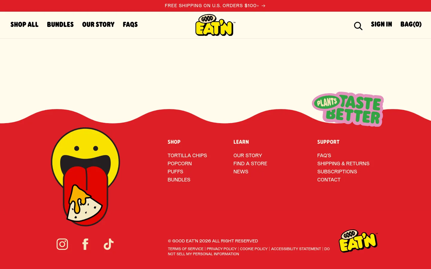 The desktop Contact page features a cream-colored header with a navigation menu, search icon, and the Good Eat'n logo centered above a large red wavy footer. The footer contains a large yellow smiley face character with a red tongue, site links organized under Shop, Learn, and Support headings, and social media icons.