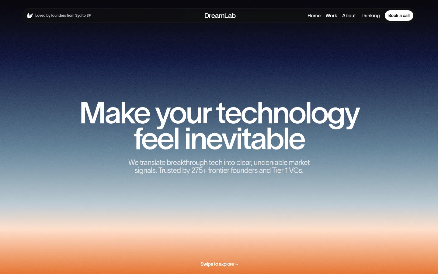 The desktop homepage features a dark, grainy gradient background transitioning from deep blue to soft orange. A large white headline reads 'Make your technology feel inevitable' above a subheadline, with a navigation bar at the top containing links for Home, Work, About, Thinking, and a 'Book a call' button.