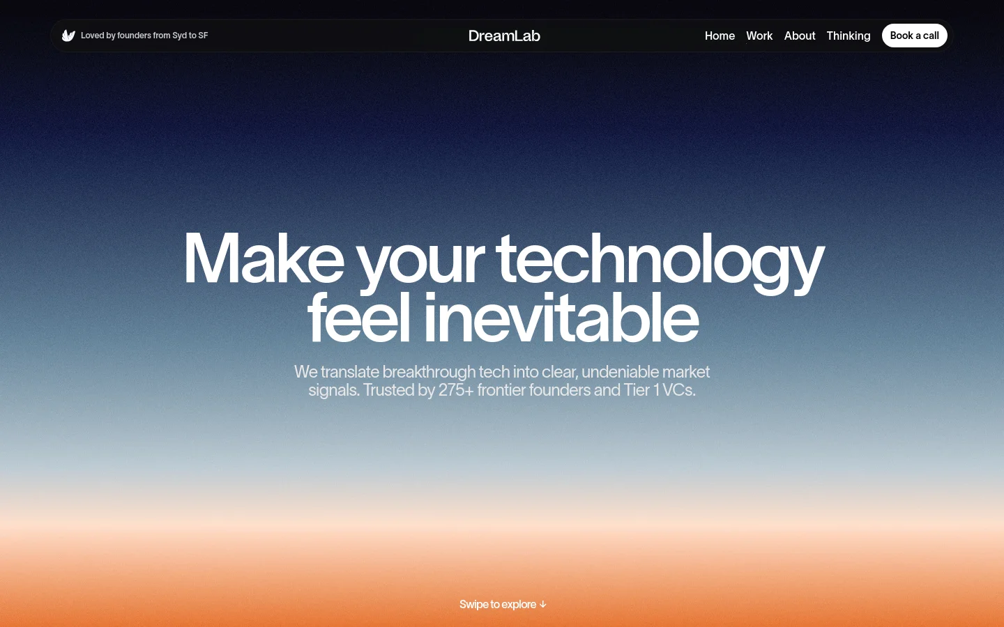 The desktop homepage features a dark, grainy gradient background transitioning from deep blue to soft orange. A large white headline reads 'Make your technology feel inevitable' above a subheadline, with a navigation bar at the top containing links for Home, Work, About, Thinking, and a 'Book a call' button.