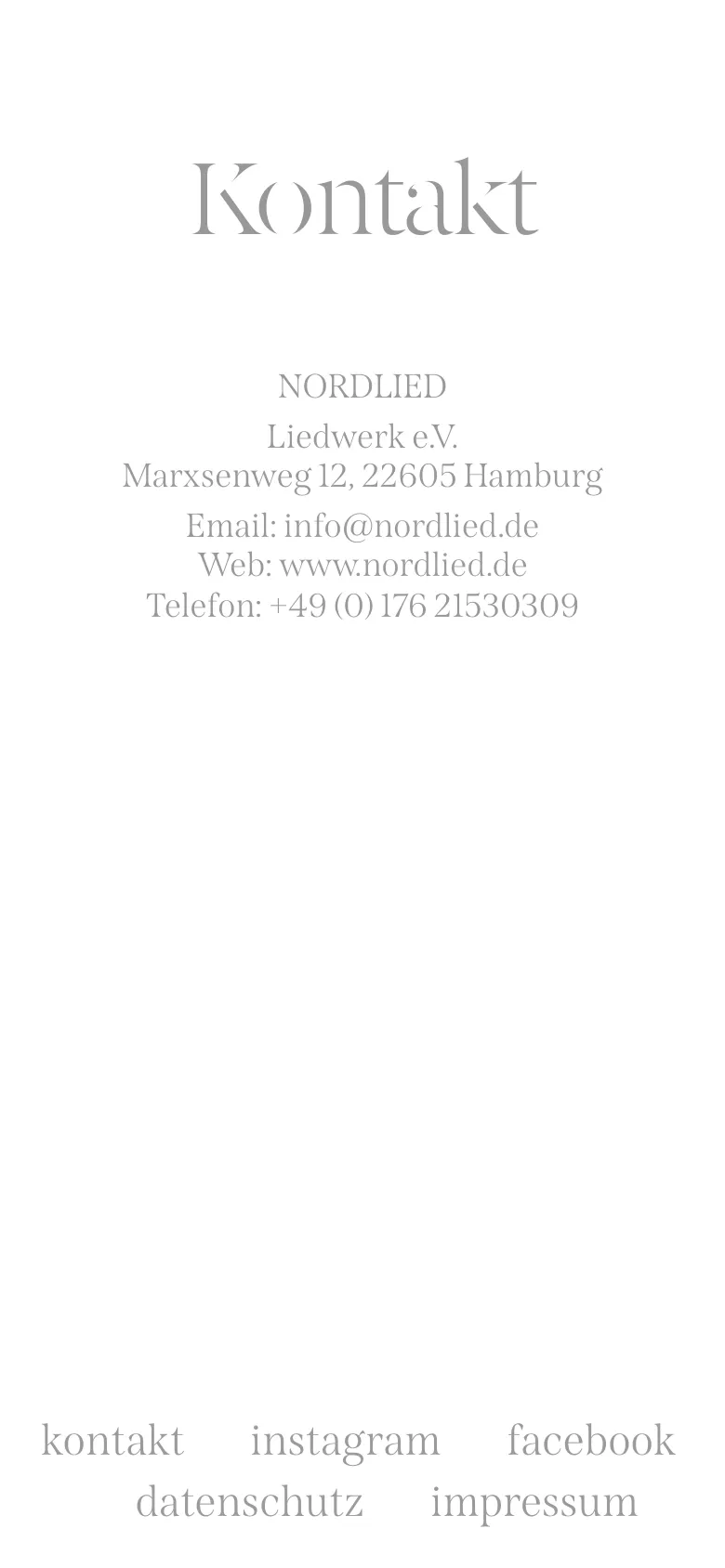 The mobile version simplifies the layout to a clean, white background with dark grey text. The 'Kontakt' headline is followed by the organization's address, email, website, and phone number, all centered vertically. The navigation is replaced by a menu icon at the top, and the footer links are stacked or spaced for easier touch interaction.