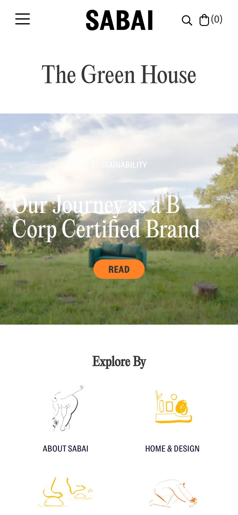 The mobile version presents a vertically stacked layout optimized for small screens. The header features a hamburger menu icon and the Sabai logo, followed by the large hero image with the 'Our Journey' headline and orange 'READ' button. Below the hero, the 'Explore By' section displays category icons and text labels in a two-column grid.