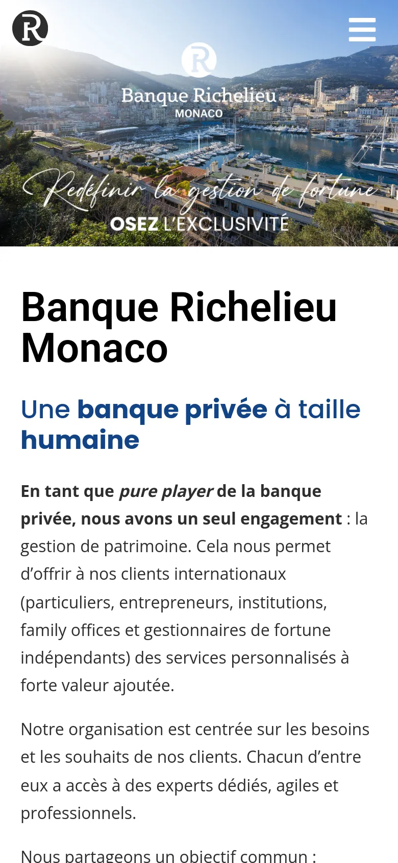 Banque Richelieu Monaco Home / Landing mobile website screenshot