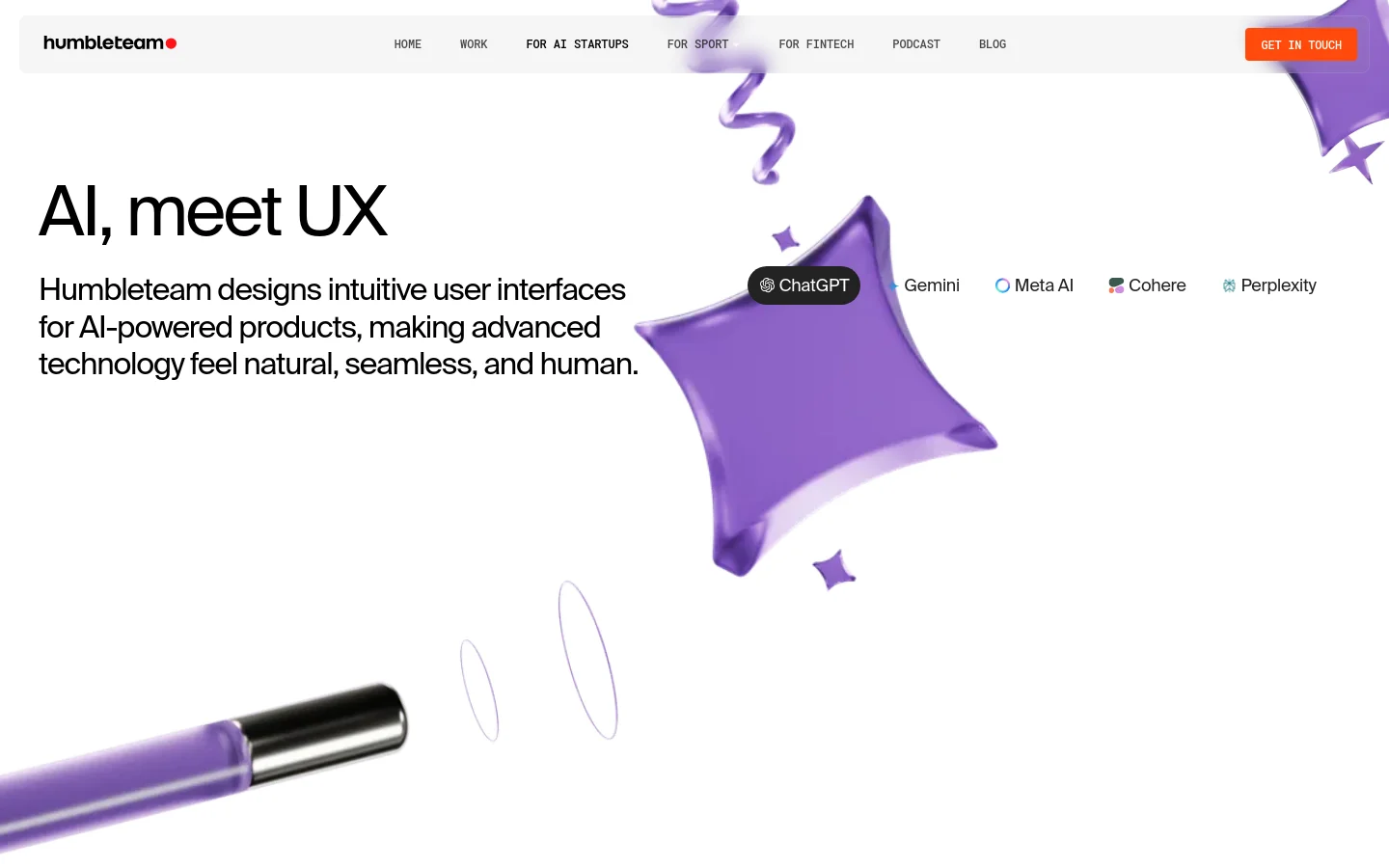 Desktop view of the Humbleteam AI page featuring a clean white background with large black typography reading 'AI, meet UX'. The hero section includes floating 3D purple abstract shapes and a list of AI platform logos like ChatGPT and Gemini, with a navigation bar at the top and an orange 'Get in touch' button.