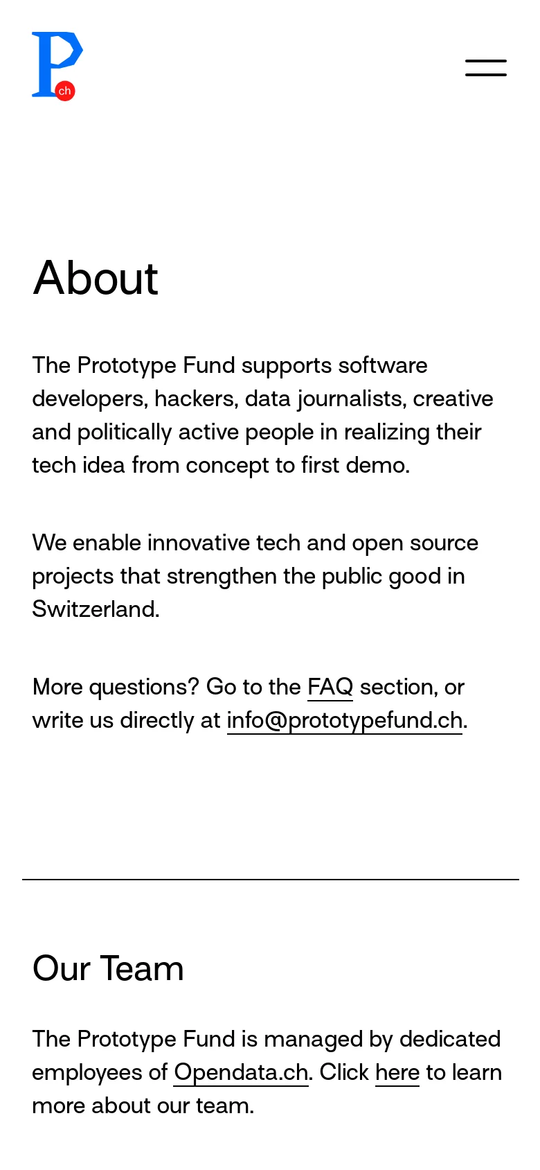 The mobile version presents a single-column vertical layout optimized for small screens. The navigation menu is collapsed into a two-line hamburger icon in the top right, and the text content spans the full width of the screen, stacking the 'About' and 'Our Team' sections vertically.
