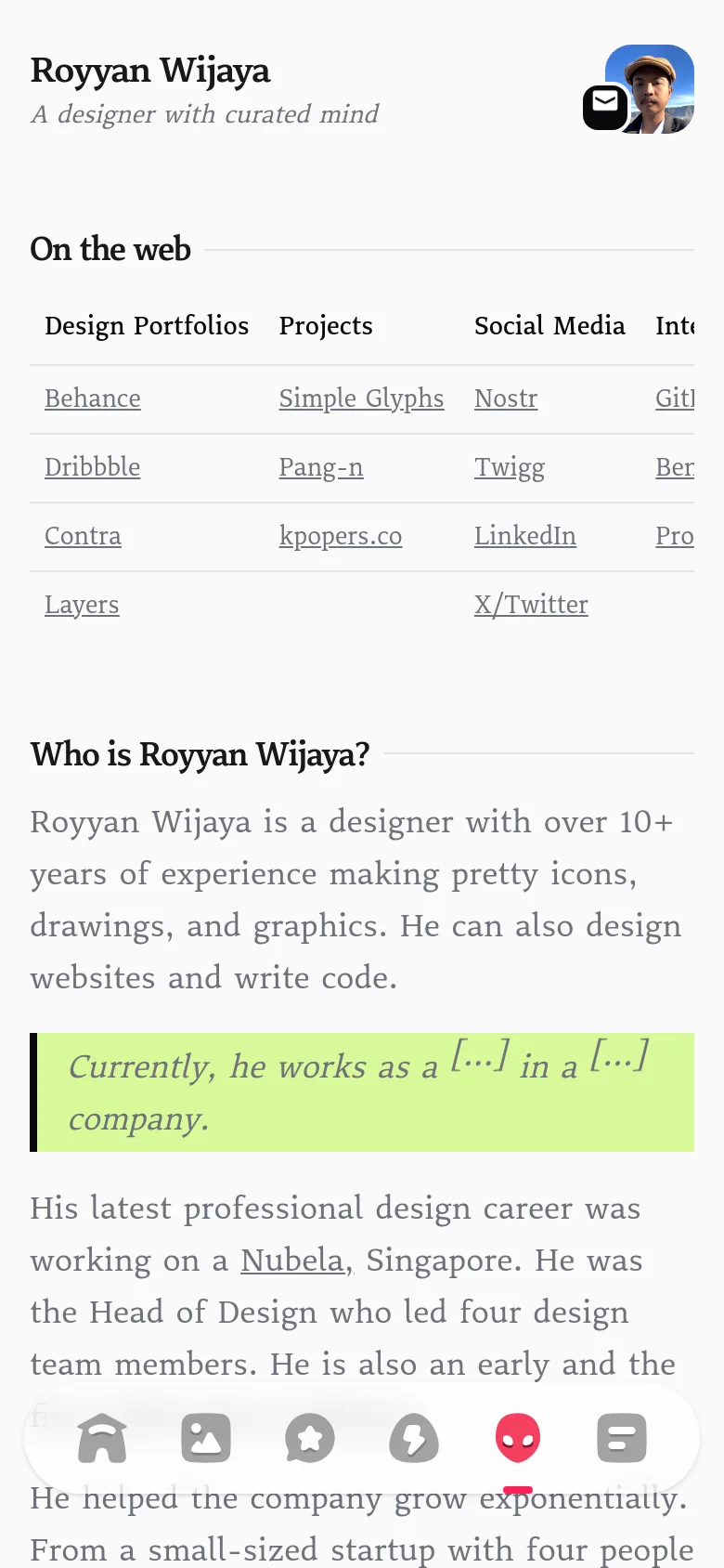 Mobile version of the About page with a vertically stacked layout. The navigation menu is condensed into a bottom icon bar, while the 'On the web' links and biographical text are arranged in a single column for easy scrolling. The profile image and header remain at the top, maintaining the minimalist aesthetic and light green accent colors.
