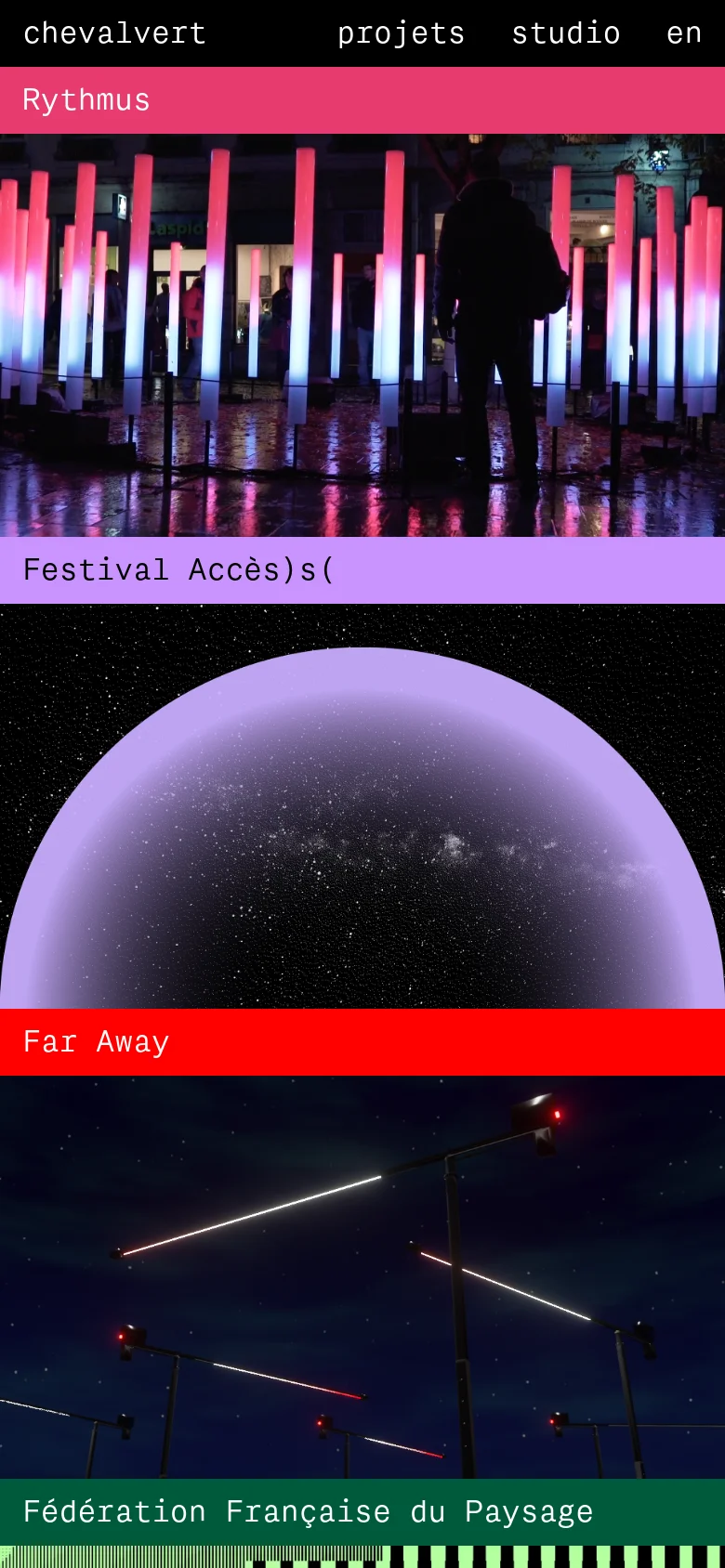 The mobile version maintains the dark theme and high-contrast lime green accents but uses a single-column vertical layout for project tiles. The navigation is simplified, and the large project images and text blocks are stacked vertically to fit the narrow screen, ensuring readability of the project titles and descriptions.
