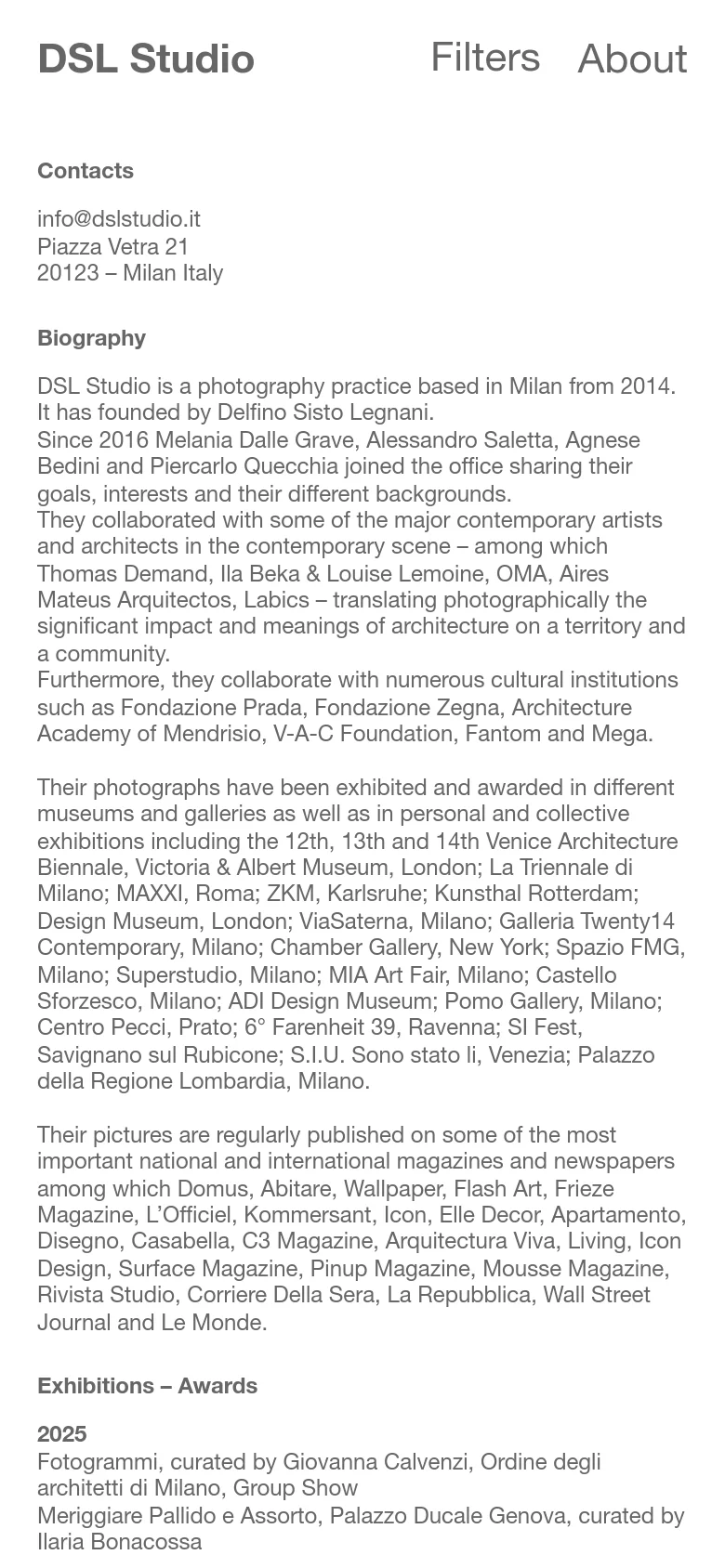 The mobile version simplifies the layout into a single vertical column for easier scrolling. The header remains at the top with the logo and navigation links, but the content below stacks vertically, starting with the 'Contacts' section, followed by the 'Biography', and then the 'Exhibitions – Awards' section.