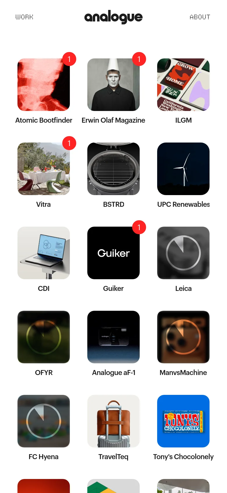 Analogue Agency work page in a mobile-responsive stacked layout. The case study grid reflows into a single column, showcasing large project images for Atomic Bootfinder, ILGM, and Vitra with simplified navigation and centered text.