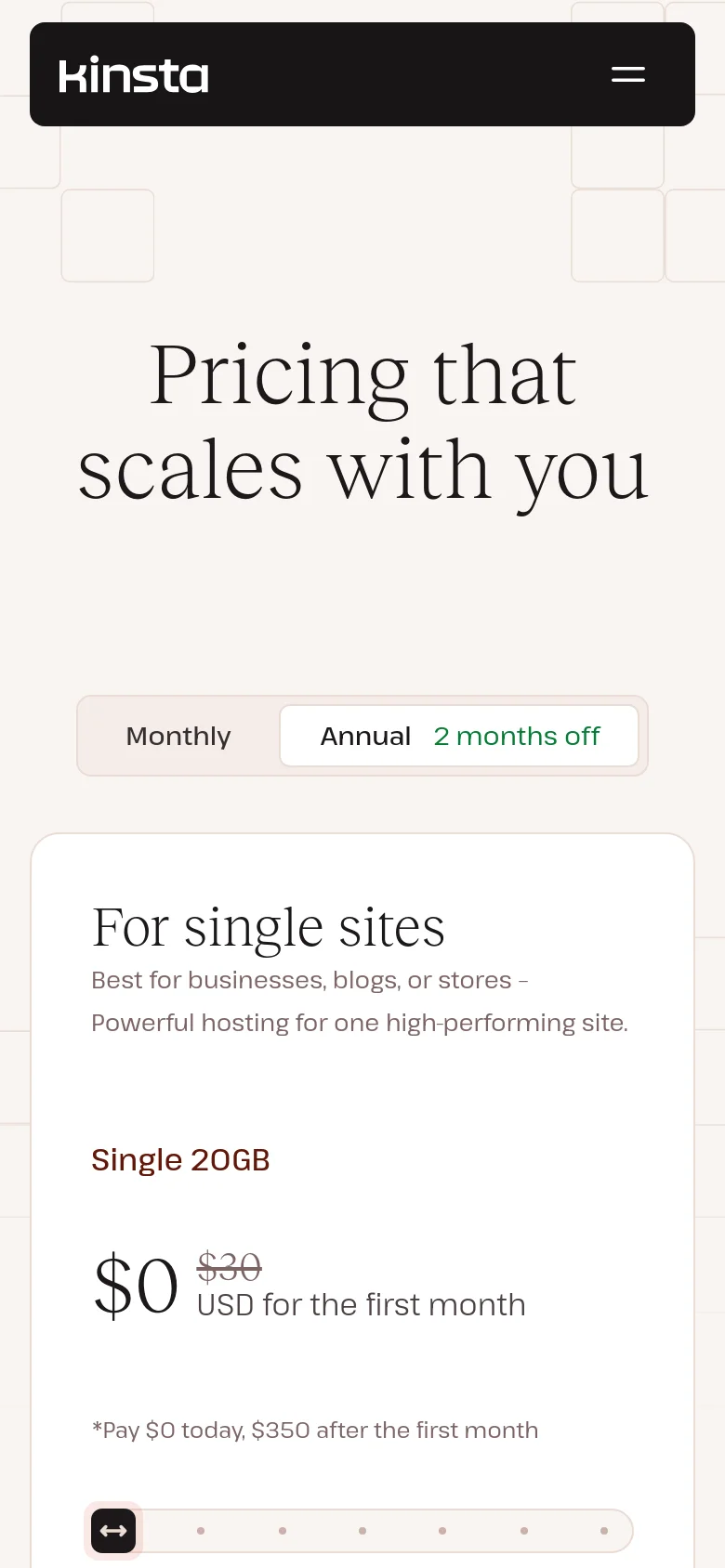 The mobile version uses a vertical layout to accommodate the smaller screen, stacking the pricing cards on top of one another. The top navigation is condensed into a hamburger menu icon, and the 'Monthly/Annual' toggle remains centered above the single-column list of pricing tiers.