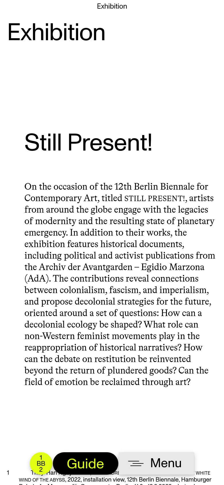The mobile version simplifies the layout, displaying the 'Exhibition' and 'Still Present!' headlines at the top. The teal sidebar is replaced by a compact 'Guide' button and a 'Menu' button at the bottom of the screen. The content flows vertically, showing the introductory text followed by a single column of installation images.