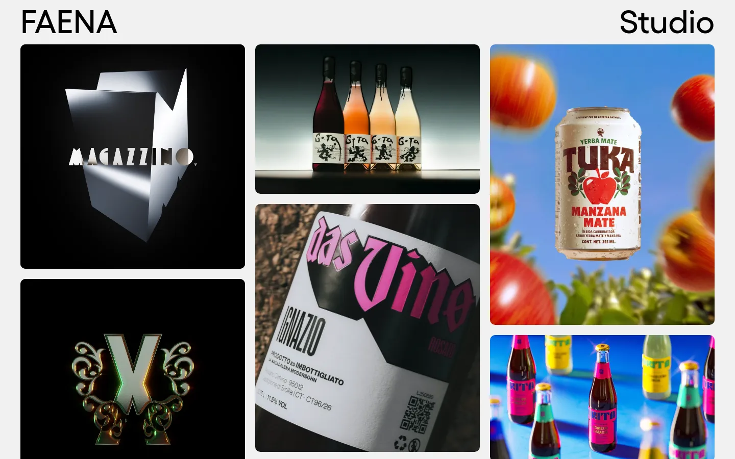 The Faena Studio homepage features a minimalist white background with a grid of large, high-quality project images. Each image is paired with a project title below it, such as Magazzino and Gota, showcasing branding and design work. The layout is spacious and clean, with the 'FAENA Studio' logo positioned at the top.
