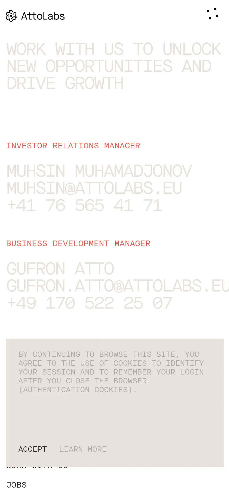 The mobile version presents a single-column vertical layout optimized for small screens. The large hero headline and contact information for the two managers are stacked vertically, maintaining the minimalist aesthetic and high-contrast typography. A cookie consent banner appears at the bottom of the screen with 'Accept' and 'Learn More' options.