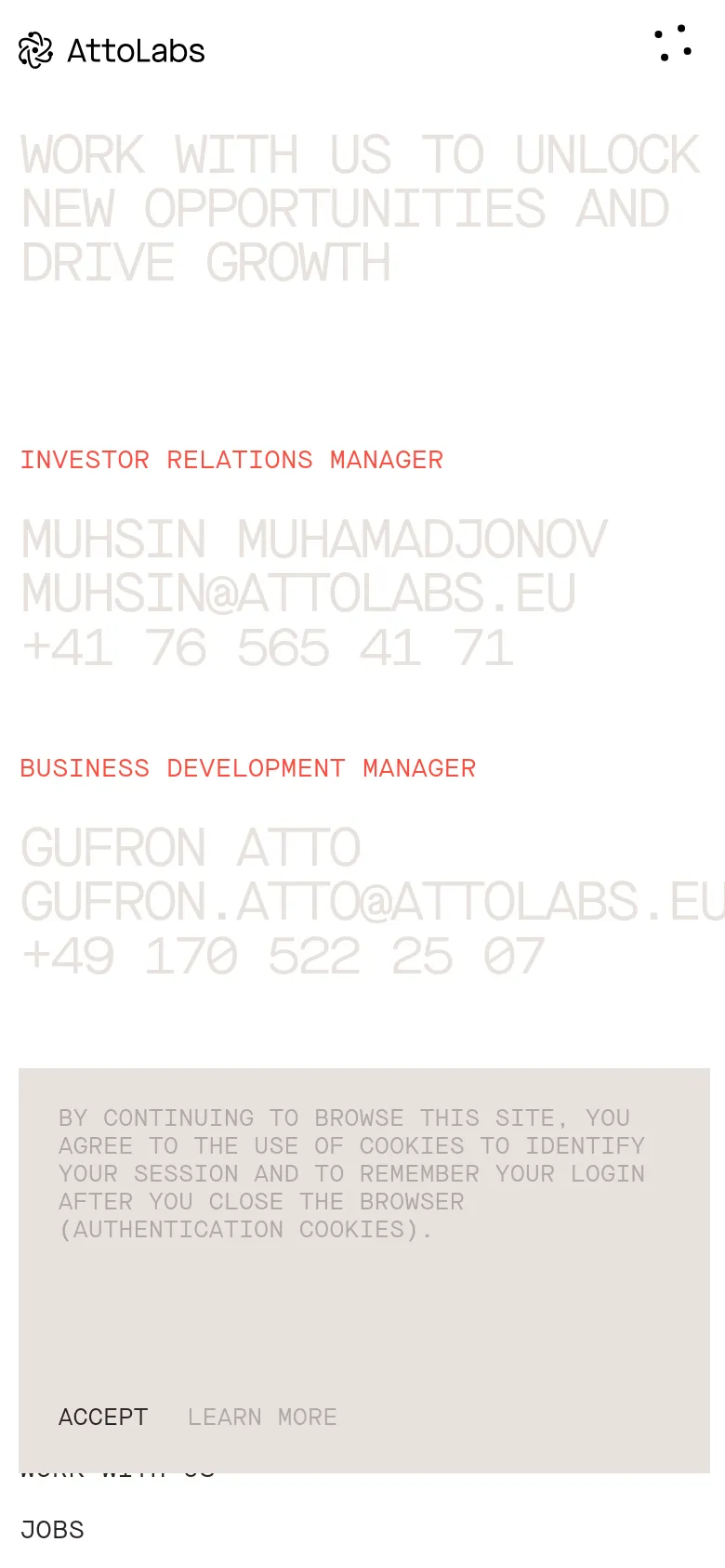 The mobile version presents a single-column vertical layout optimized for small screens. The large hero headline and contact information for the two managers are stacked vertically, maintaining the minimalist aesthetic and high-contrast typography. A cookie consent banner appears at the bottom of the screen with 'Accept' and 'Learn More' options.