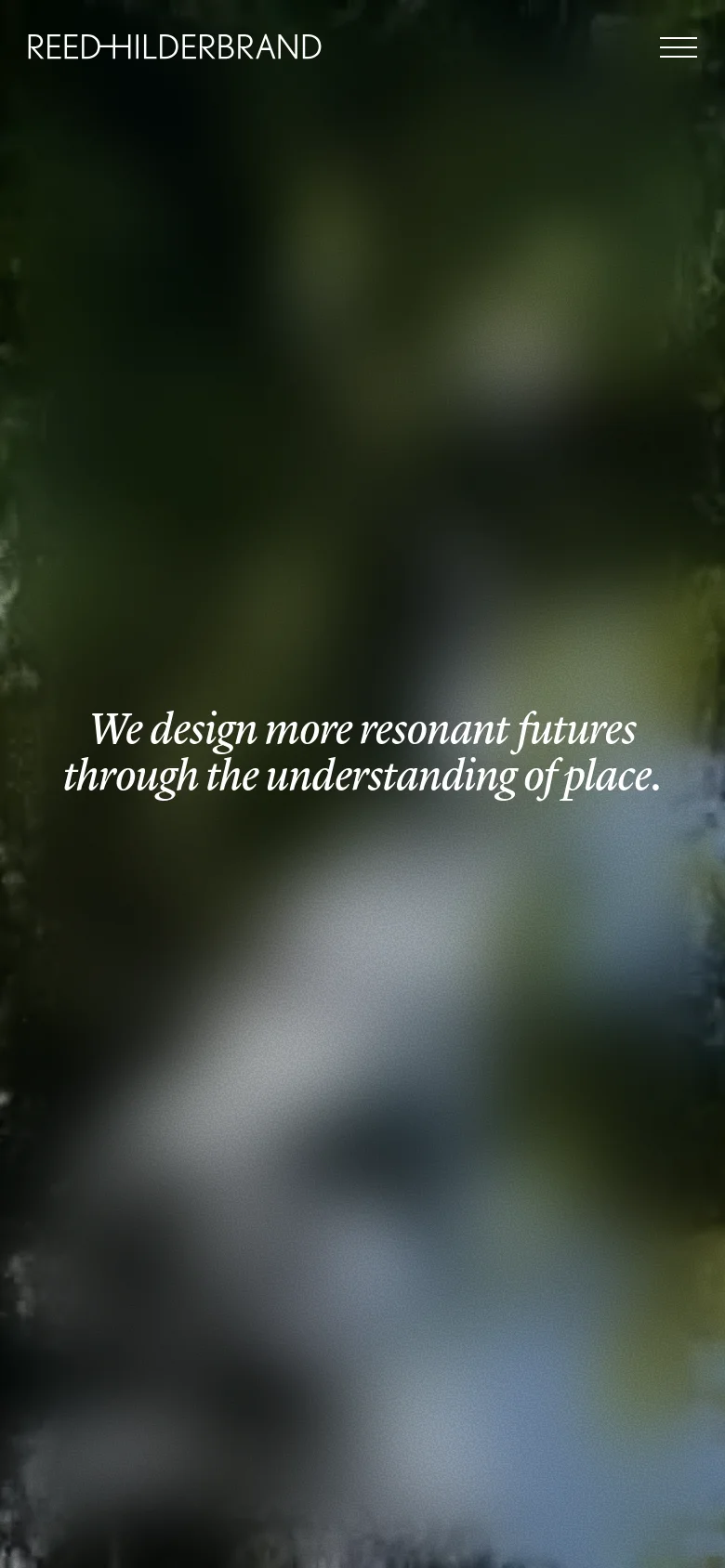 The mobile version simplifies the layout, replacing the top navigation links with a hamburger menu icon in the top right. The large hero image and central text overlay remain the primary focus, but the overall scale is adjusted for a vertical screen.