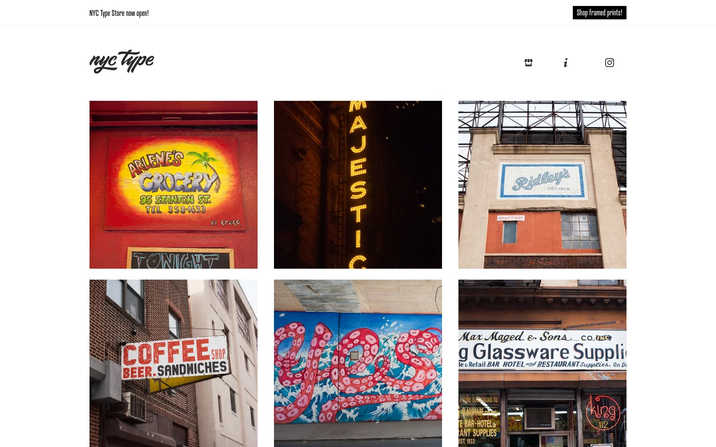 A minimalist website for NYC Type featuring a white background and a grid of large, colorful street typography photographs. The header includes a logo, navigation links for Store, About, and Instagram, and a black announcement bar at the top promoting framed prints.