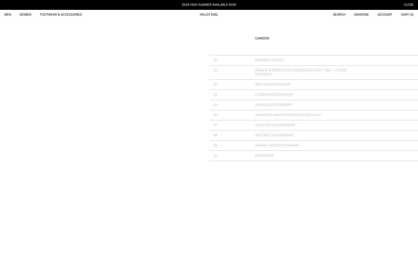 The desktop Careers page features a minimalist white background with black text and a clean, structured layout. A navigation bar at the top includes categories like Men, Women, and Footwear, alongside search and account links. The main content consists of a numbered list of job openings, such as Business Analyst and Ecommerce Internship, spanning the width of the page.