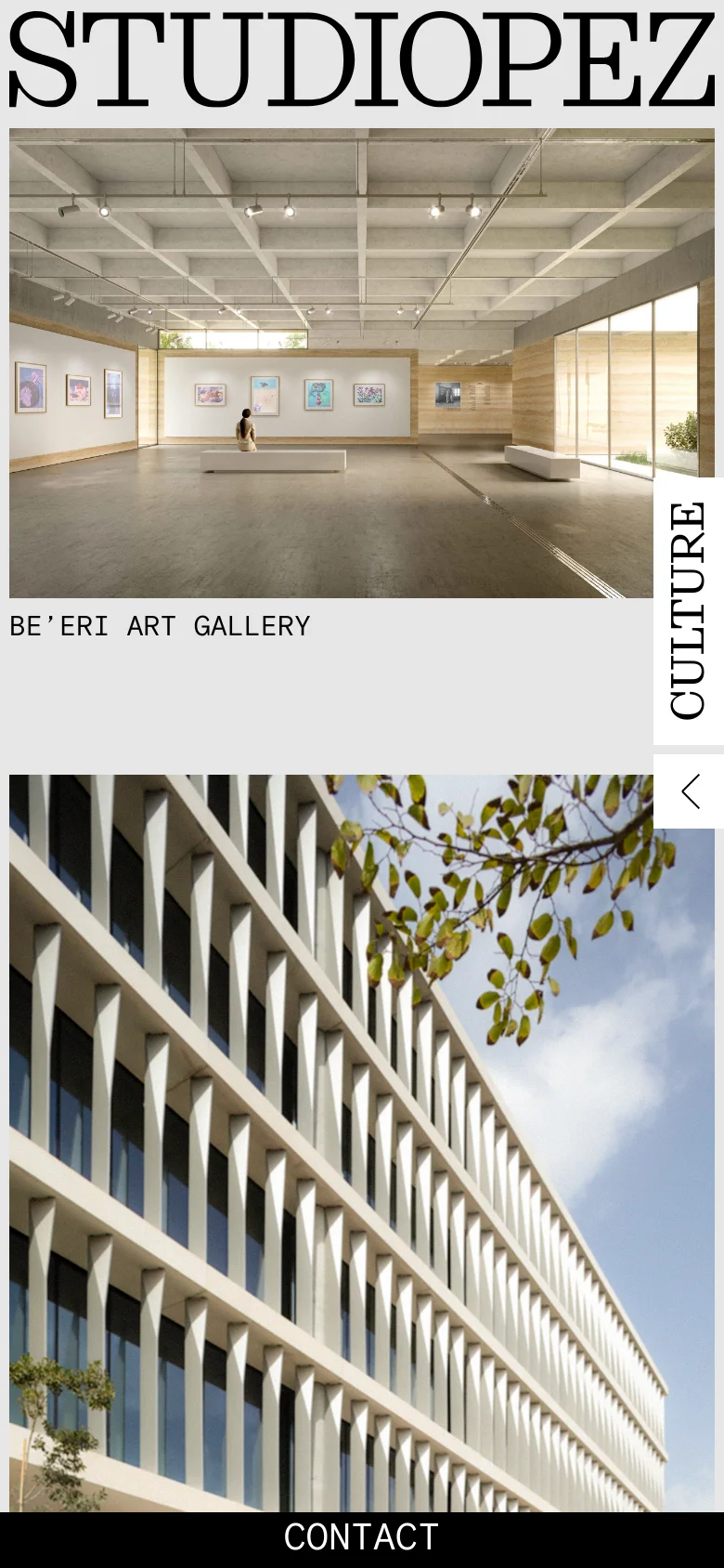 The mobile version maintains the large 'STUDIOPEZ' branding but rearranges the layout into a vertical stack. The gallery hero image spans the width of the screen, followed by the text 'BE’ERI ART GALLERY' and a vertical 'CULTURE' label. A large architectural photo of a building facade and a 'CONTACT' bar occupy the bottom half of the screen.