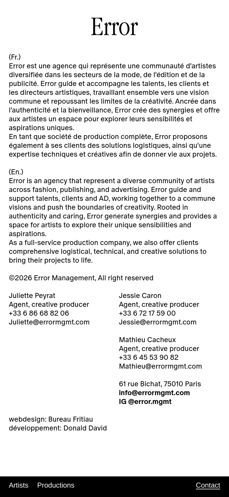 The mobile version maintains the minimalist white aesthetic but transitions to a single-column vertical layout. The agency description, agent contact information, and address are stacked vertically for easier scrolling, and the main navigation is replaced by a bottom sticky bar containing Artists, Productions, and Contact links.