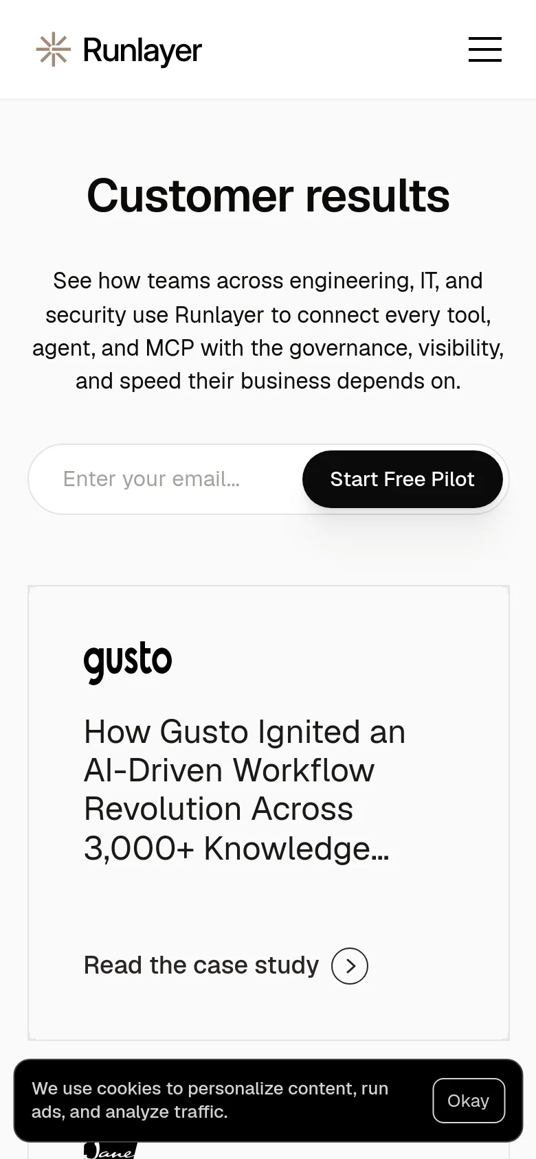 Runlayer customers mobile view shows a vertically stacked layout. The hero section features centered typography and a full-width email input field, followed by single-column case study cards with large text and portrait images.