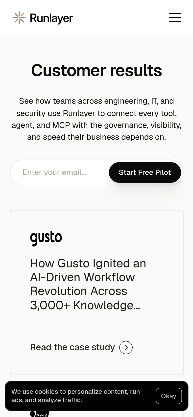 Runlayer customers mobile view shows a vertically stacked layout. The hero section features centered typography and a full-width email input field, followed by single-column case study cards with large text and portrait images.