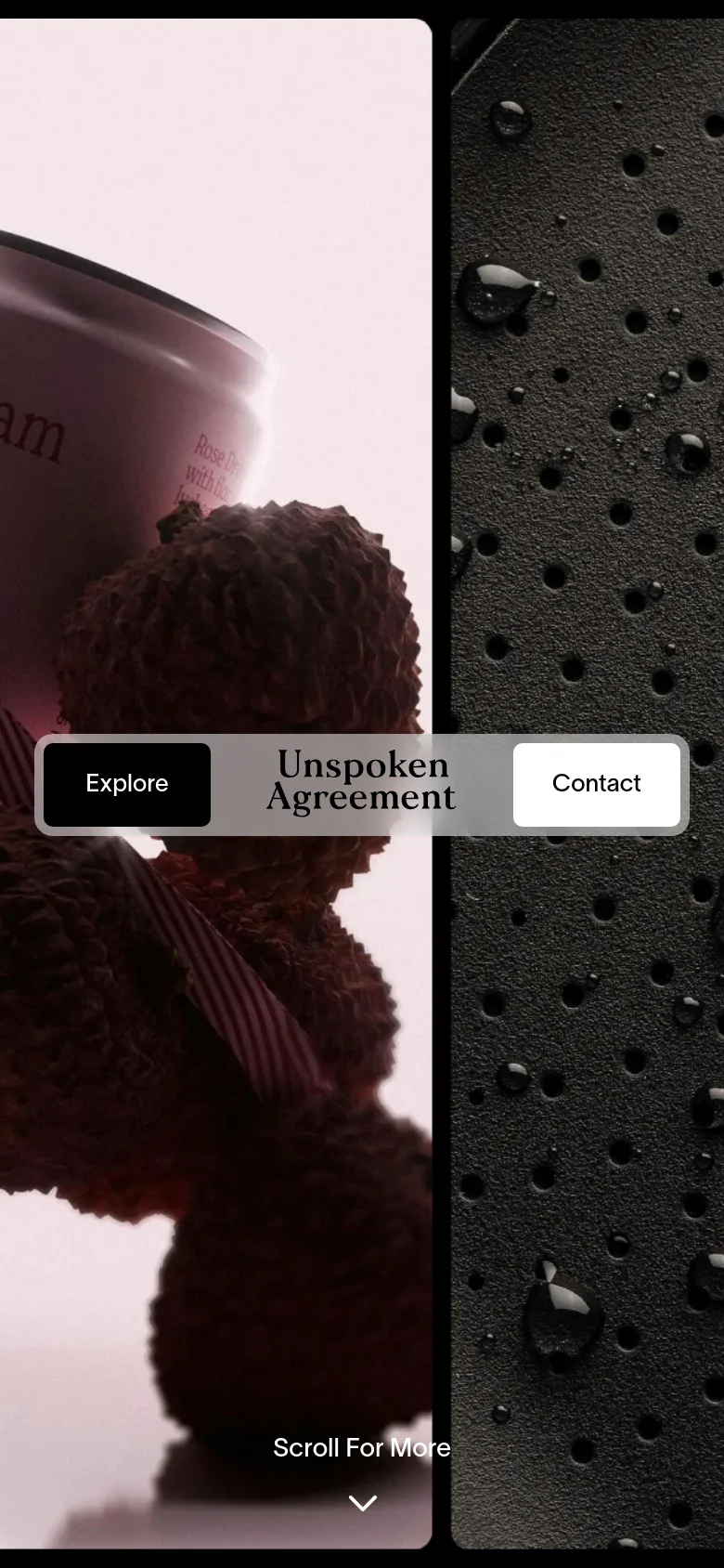 The mobile version maintains the split-screen aesthetic but stacks the visual elements vertically to fit the narrow screen. The brand name, 'Explore' and 'Contact' buttons, and 'Scroll For More' instruction are centered over the imagery, which appears more tightly cropped.