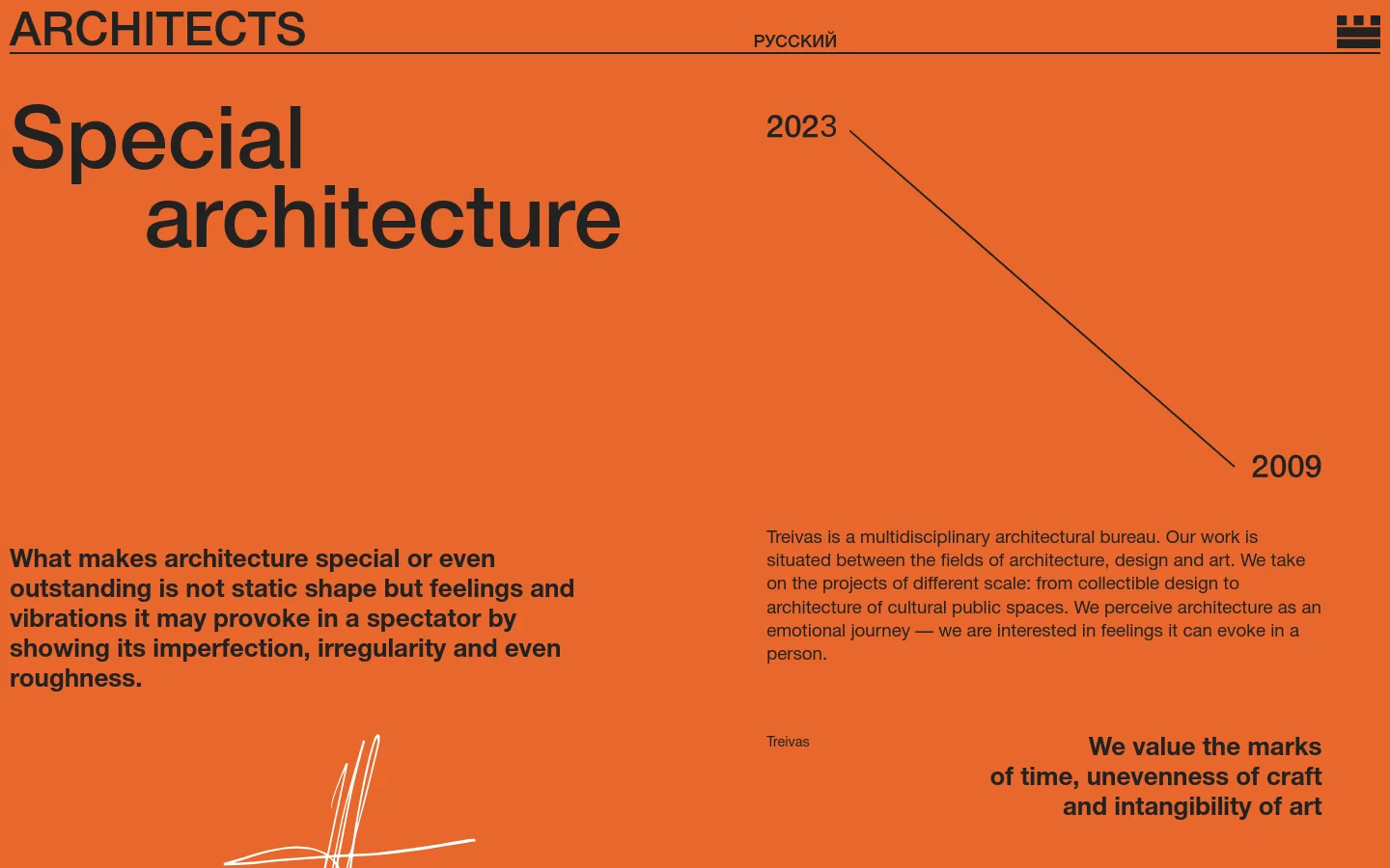 The desktop page features a bold orange background with large, dark typography reading 'Special architecture'. A diagonal line connects the years '2023' and '2009', and the layout includes a mission statement on the left and a descriptive paragraph on the right.