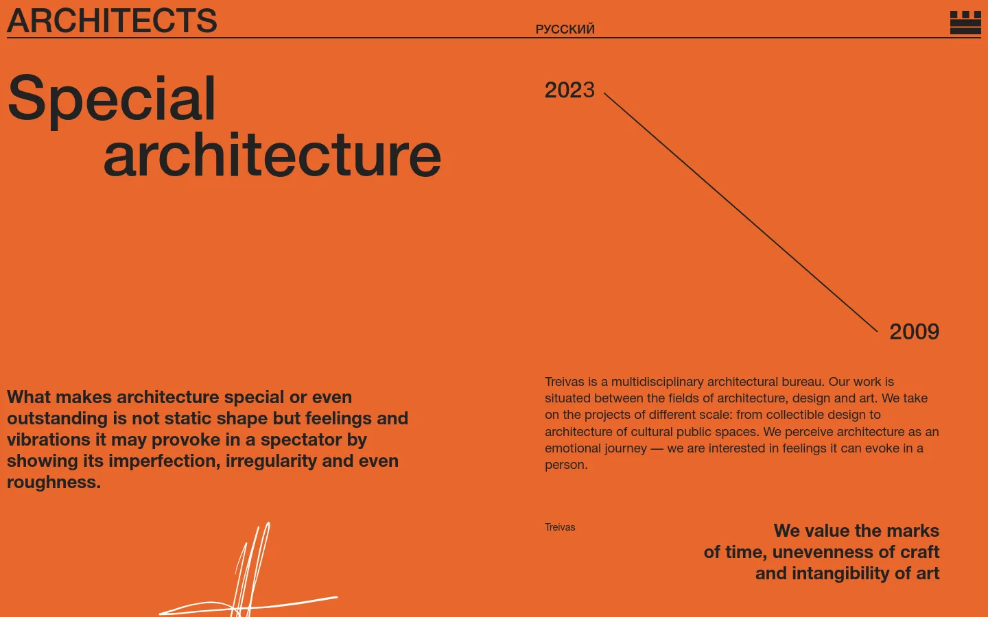 The desktop page features a bold orange background with large, dark typography reading 'Special architecture'. A diagonal line connects the years '2023' and '2009', and the layout includes a mission statement on the left and a descriptive paragraph on the right.