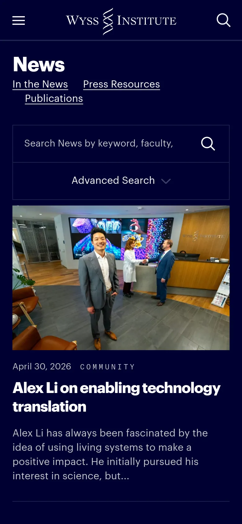 The mobile version uses a dark navy theme with a condensed layout. The 'News' heading is followed by stacked navigation links and a search bar with an expandable 'Advanced Search' dropdown. The featured news article follows, with the image appearing above the date, category, headline, and article snippet.