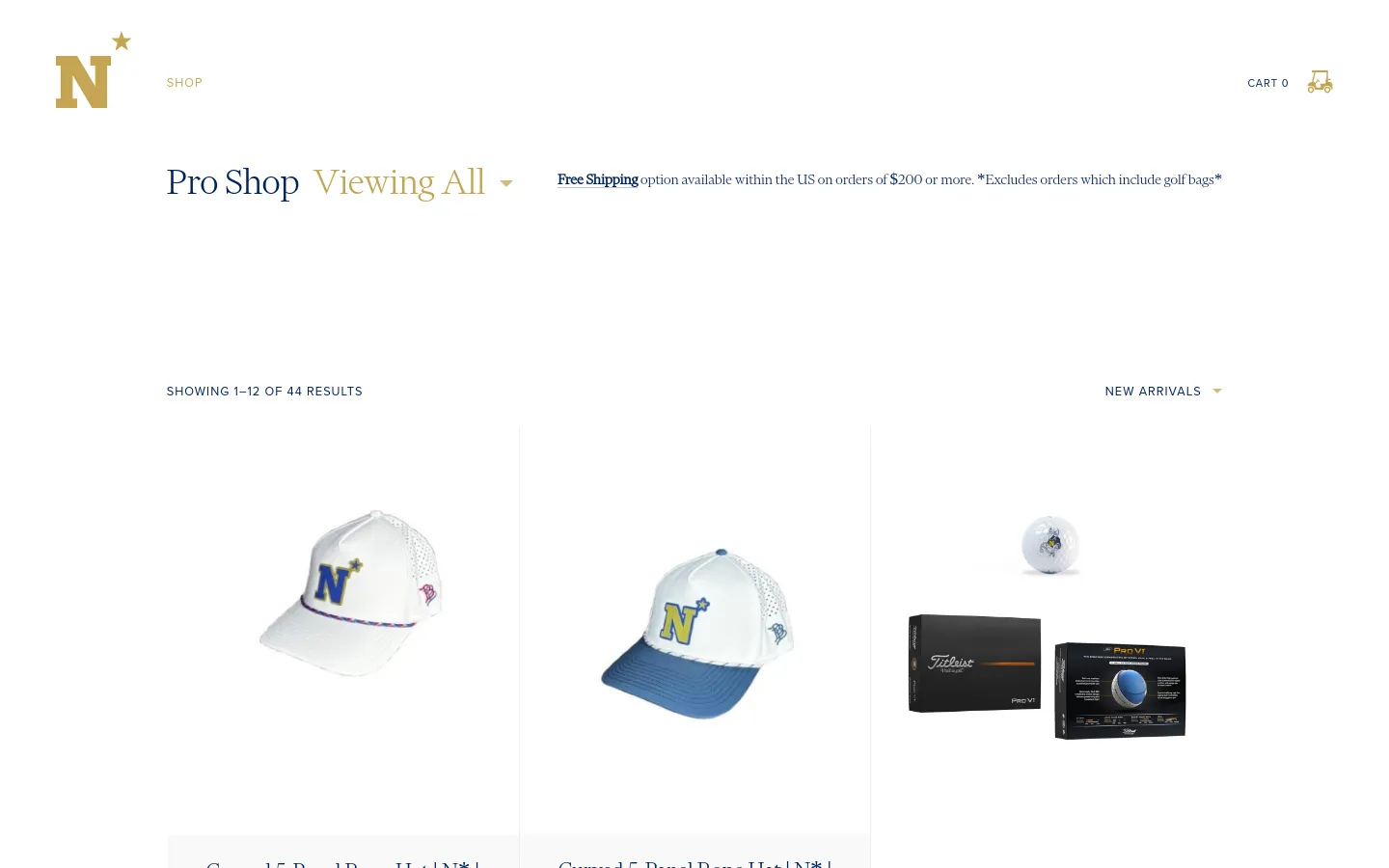 The desktop view shows the USNA Golf Pro Shop with a clean white background and gold accents. A header contains the Navy 'N' logo, a 'Shop' link, and a shopping cart icon. Below the 'Pro Shop' heading, a product grid displays golf apparel and accessories, including rope hats and golf balls, with titles, brand names, and prices listed under each image.