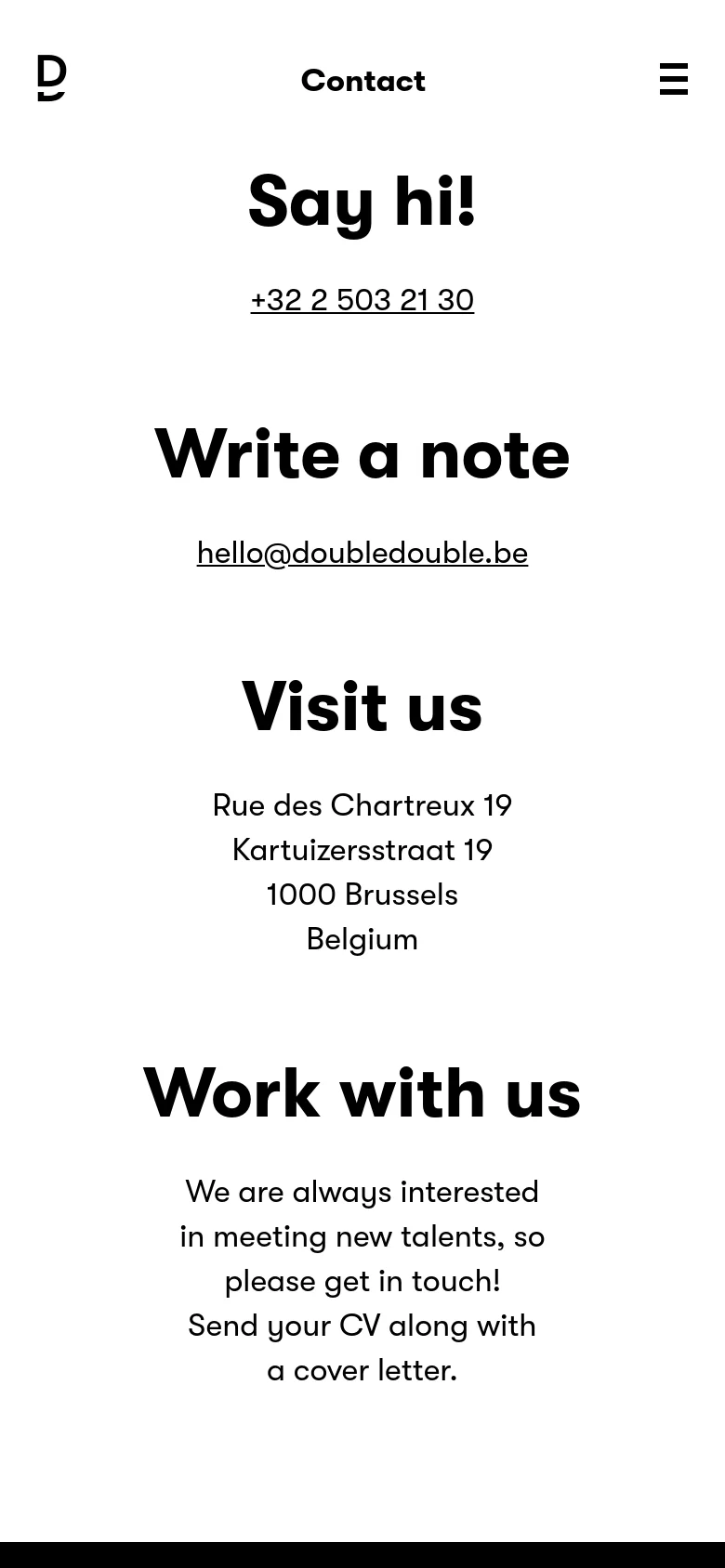 The mobile version maintains the minimalist white and black aesthetic but uses a condensed layout. The top navigation is replaced by a hamburger menu icon next to the 'Contact' title. The contact information, including phone, email, address, and recruitment text, is centered and stacked vertically for easy scrolling.