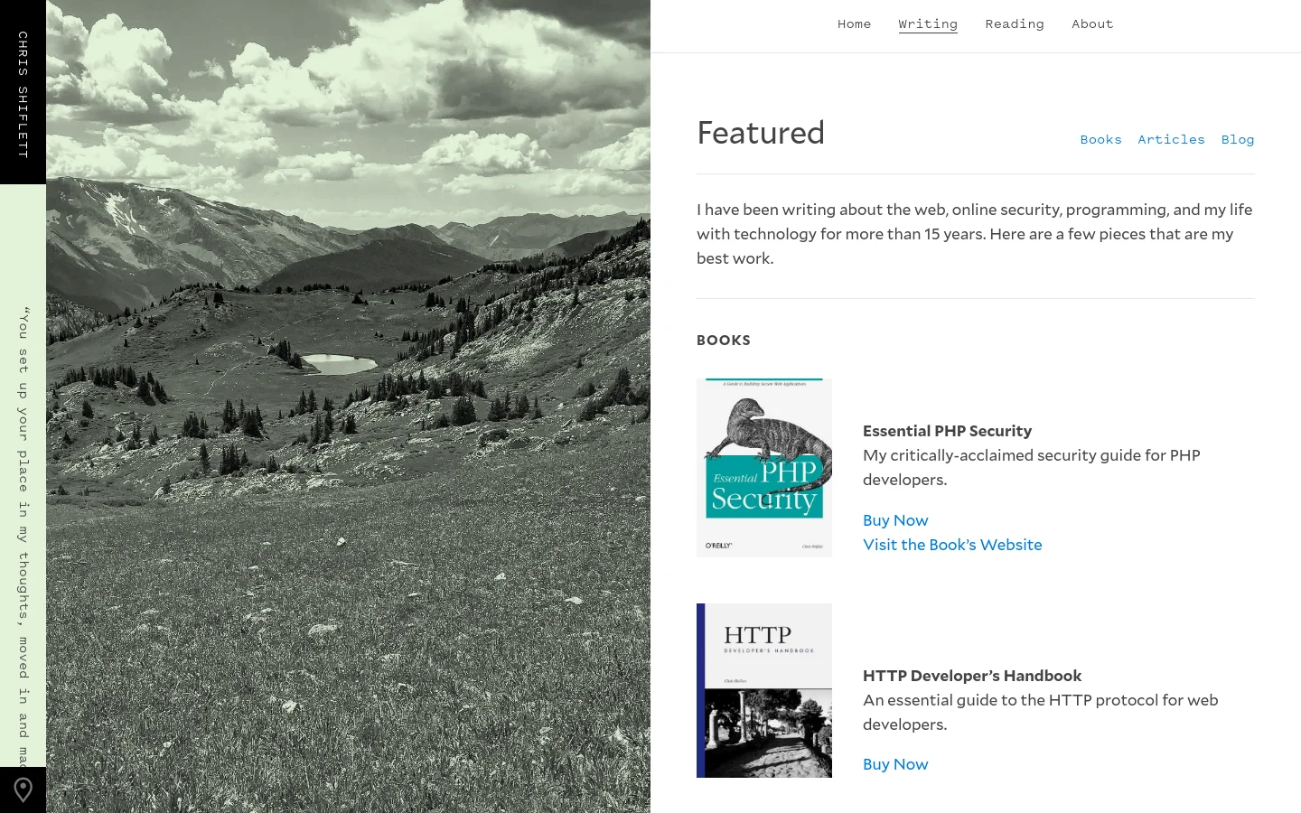 A desktop webpage with a large black-and-white landscape photograph of mountains and a lake on the left side. The right side features a white background with the headline 'Featured', a short introductory paragraph, and a 'Books' section displaying two book covers with descriptions and 'Buy Now' links. Navigation links for Home, Writing, Reading, and About are at the top right.